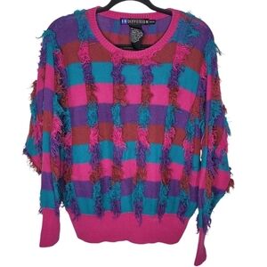 Vintage 80s I.B. Diffusion Womens Shaggy Yarn Tassle Sweater in Pink Purple